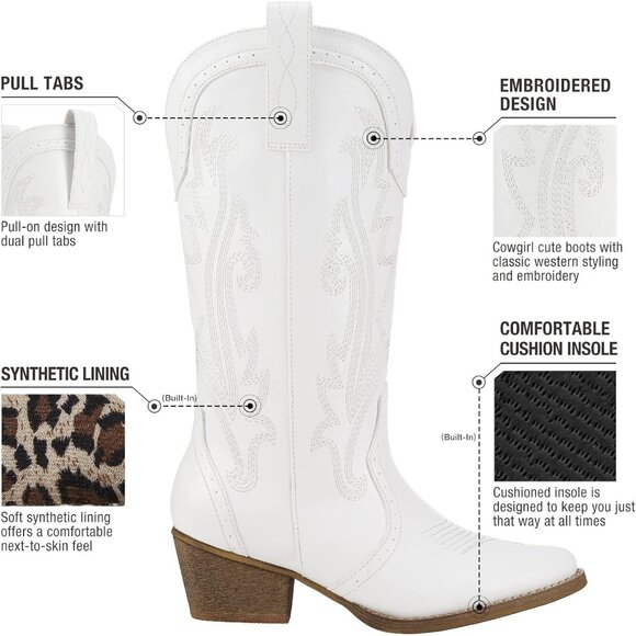 Women's White Comfortable Pointed Toe Embroidered Western Cowgirl Boots - Picture 5 of 8